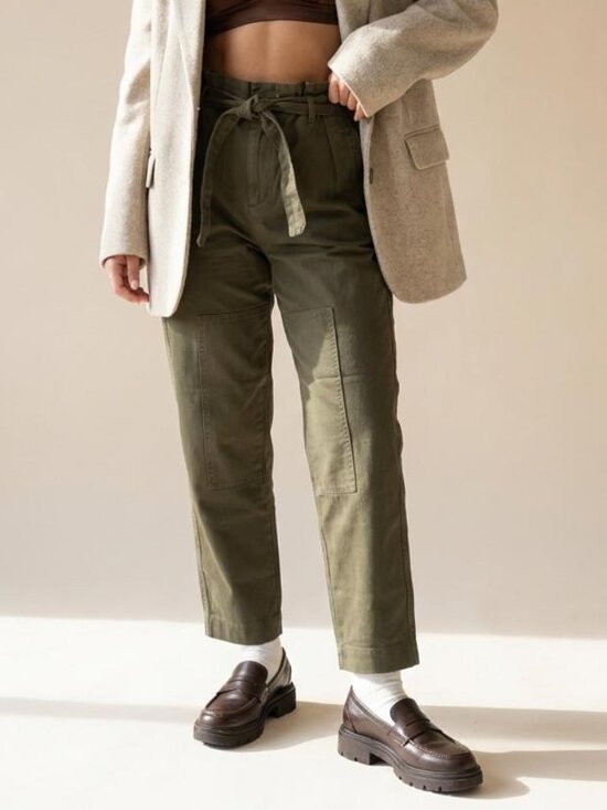 Zara Pants - ZARA Olive Green High-Waist Paperbag Trousers XS
